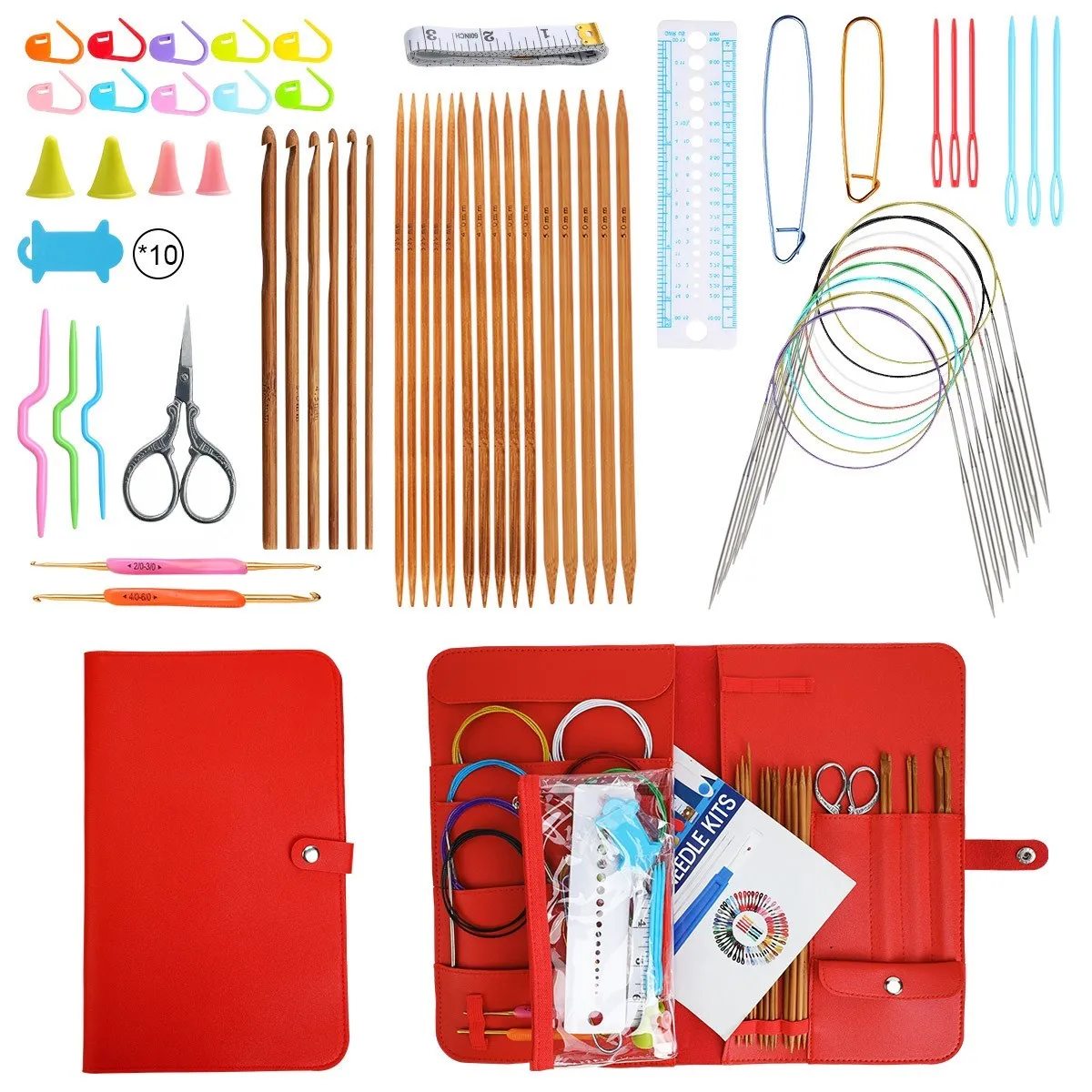 Bamboo Crochet Hooks Set with Leather Bag Circular Knitting Needles Interchangable Crochet Neede Bags for Sewing Accessories