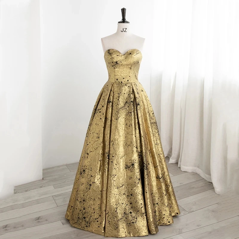 Customized Evening Dress Elegant Sequins Lace Up Floor Length Sleeveless A-Line Strapless Simple Gold Women party Dresses