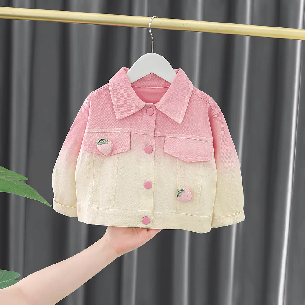 Gradient Denim Coat For Girls Strawberry Appliques Lapel Collar One Breasted Kids Jean Jacket Sequined Rabbit Pattern Outerwears