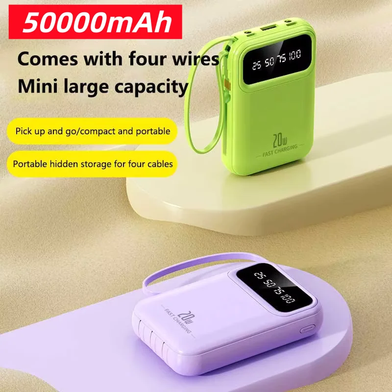 50000mAh 4 In1 Built-in Cable Power Bank Fast Charging Portable Charger Ultra Slim External Battery for iPhone Samsung Xiaomi