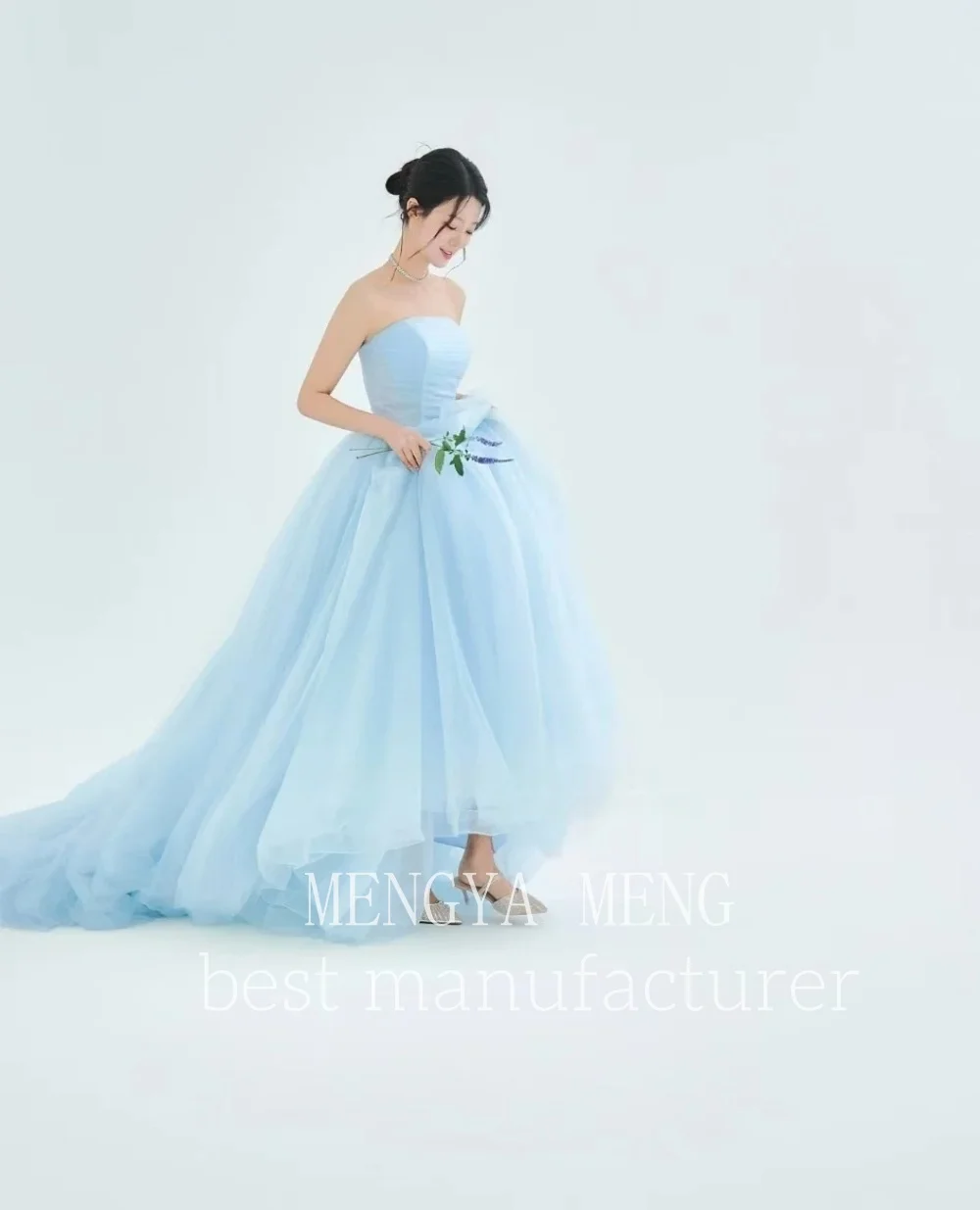 ZHUISHU Fresh Light Blue Tulle Strapless Evening Gown Princess Style 웨딩드레스 Korean Photo Shoot Bridal Gown Party Dress Customized