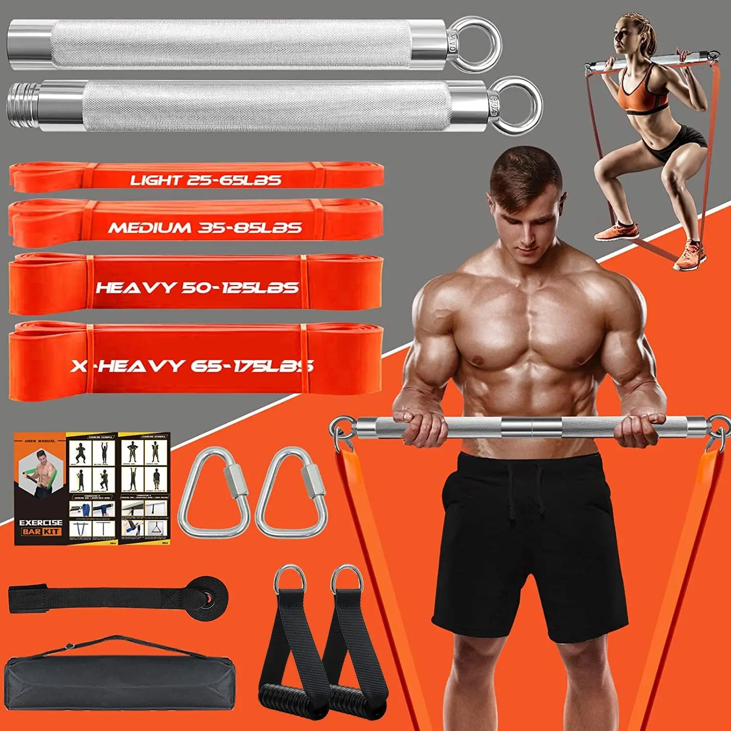 Extra Heavy Home Gym Resistance Band Bar Set with 4 Stackable Resistance Bands,Detachable Full Body Workout Equipment Exercise B