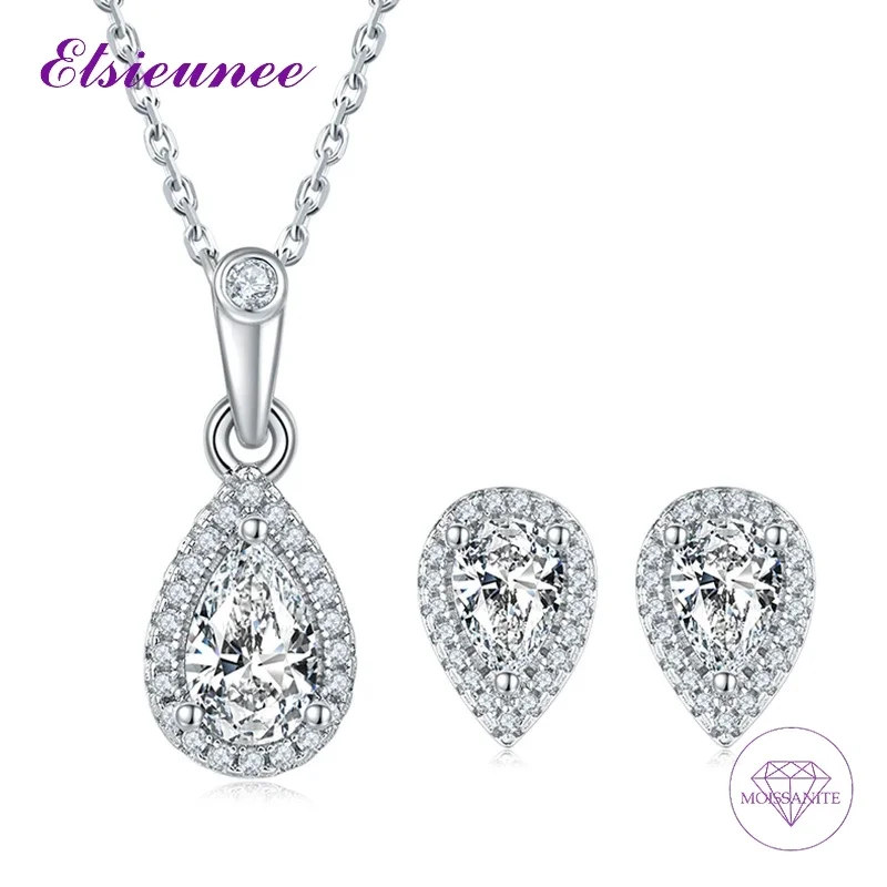 Classic 100% 925 Sterling Silver Pear Cut Sparkling D Color Moissanite Necklace Earrings Jewelry Sets Wedding Party Fine Jewelry