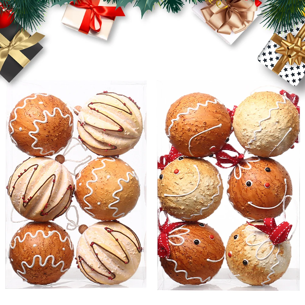 

6Pcs 8cm Creative Christmas Ball Ornaments Gingerbread Ball Hanging Decor Rustic Xmas Ball Ornaments for Xmas Home Decoration