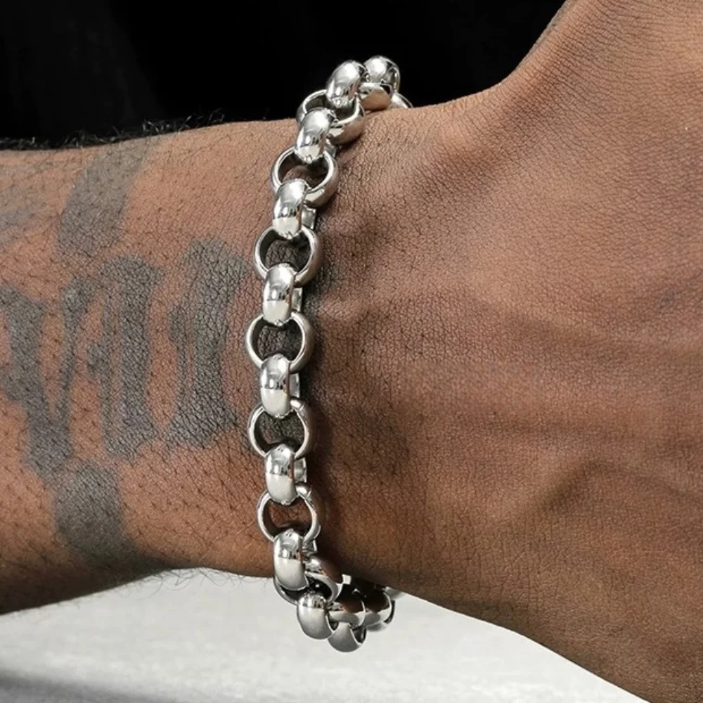 Bracelet O-Chapter en acier inoxydable pour hommes, chaîne épaisse, Hip Hop, Punk, couleur argent, titane, acier, accessoires de bijoux à la mode