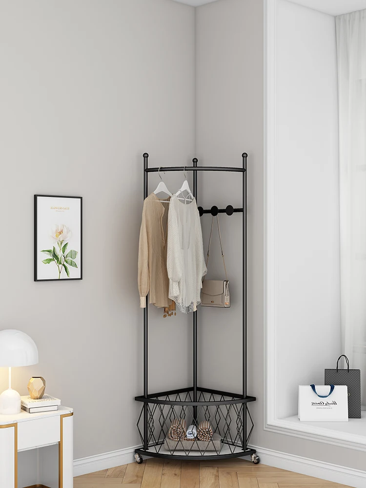 Bedroom Corner Floor Coat Rack With Wheel Living Room Removable Clothes Wardrobe Rolling Household Hooked Hanger Organizer