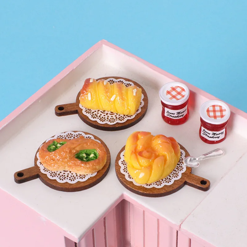 1set Dollhouse Bread Jam Tray Spoon Miniature Simulation Miniature Food Model OB11 Shooting Props Home Decor Decoration Crafts