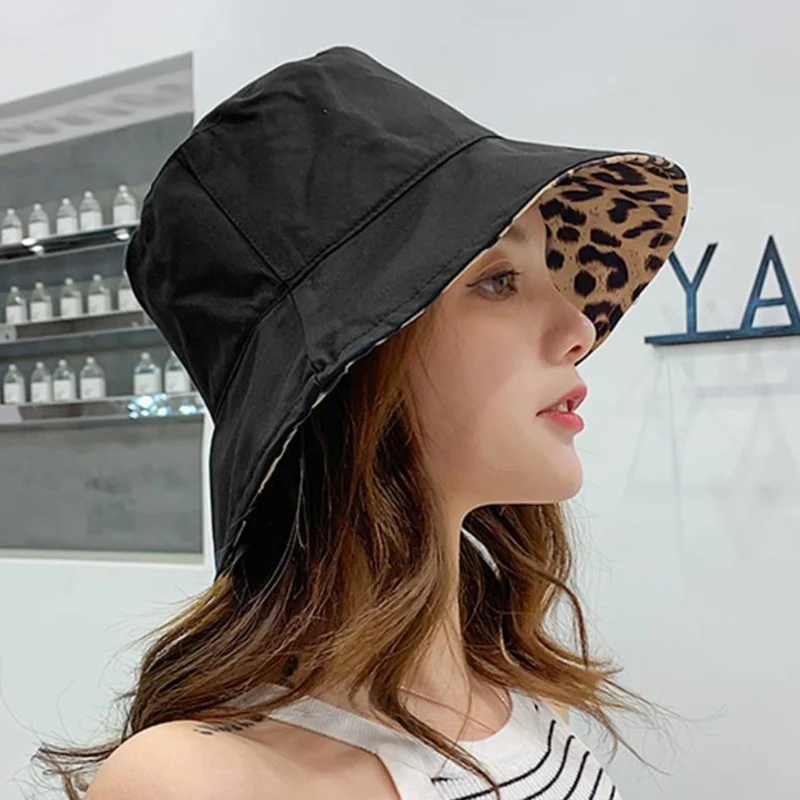 Leopard Reversible Bucket Hat Women Beach Panama Sun Hats Outdoor Wedding Party Summer Travel Caps Breathable Cotton Chapeau