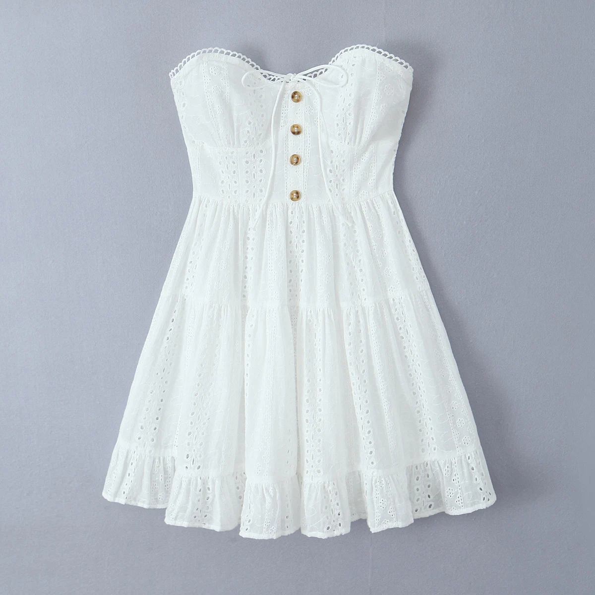 Summer Clothes Women 2024 Embroideryed Dress Elegant White Lace dress Sexy Off Shoulder Dress Front Tie Tube Dress Back Shirred