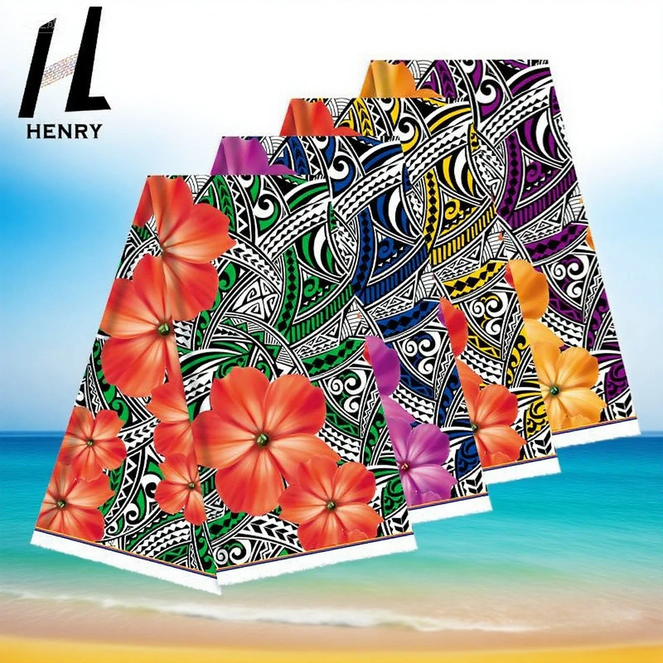 

OEM/Wholesale Black Background Polynesian Fabric Vibrant Turtle & Hibiscus Tribal Print for Resort Dress, Beachwear