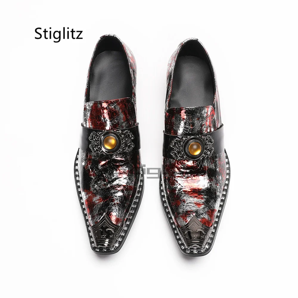 Men's Snake Print Patent Leather Loafers Vintage Metal Pointed Toe Gem Decor Block High Heel Slip On Wedding Party Dress Shoes