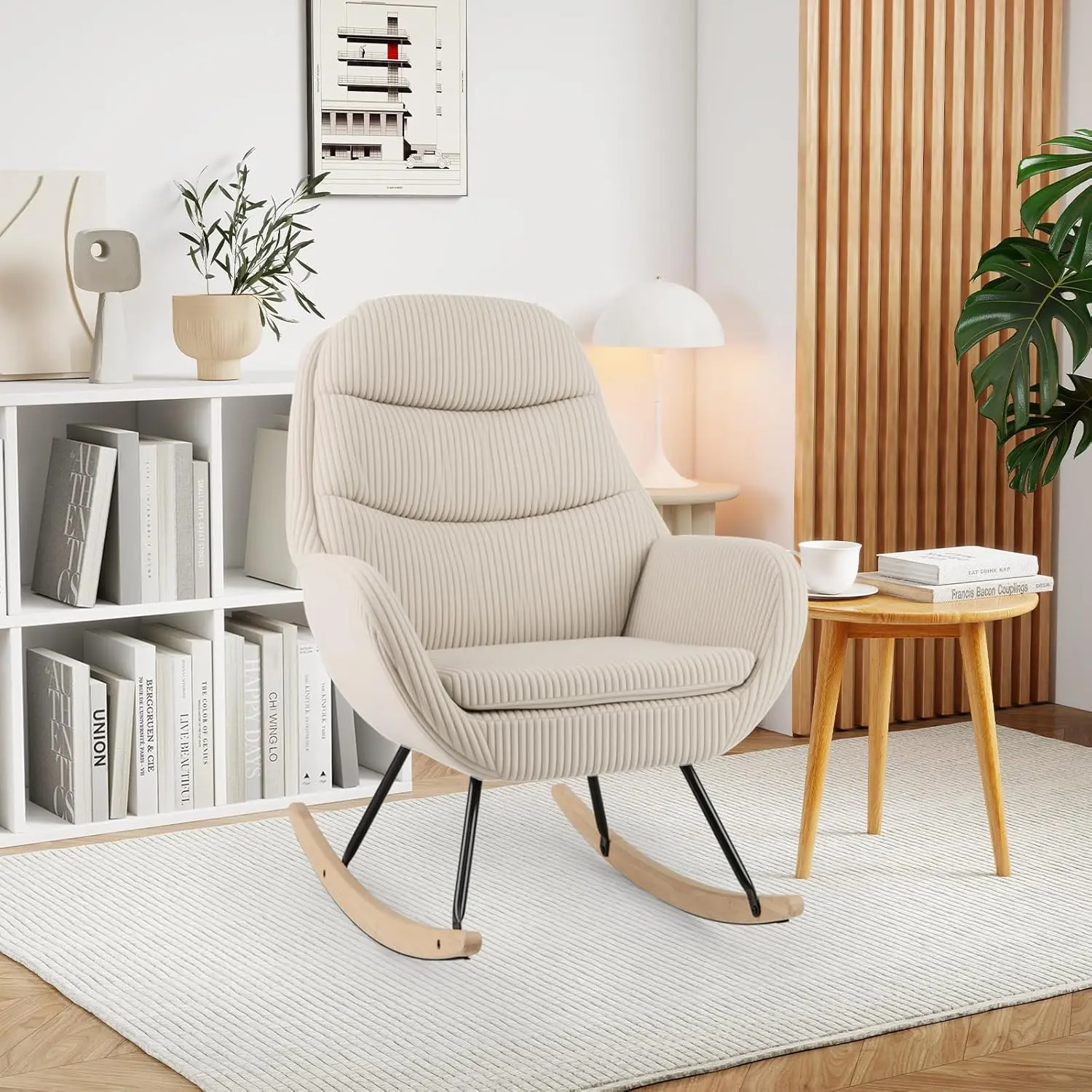 Rocking Chair Nursery, Upholstered Glider Rocker with Padded Backrest & Seat, Rubber Wood Feet, Customized