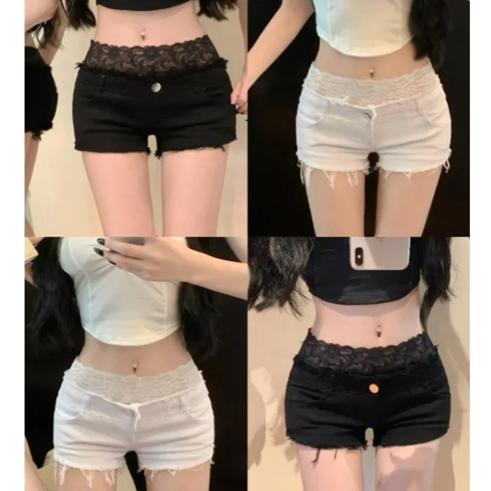 Low Waist Lace Patchwork Slimming Sexy Short Jeans  Skirt for Young Women Autumn New Style Straight Leg Pure Color