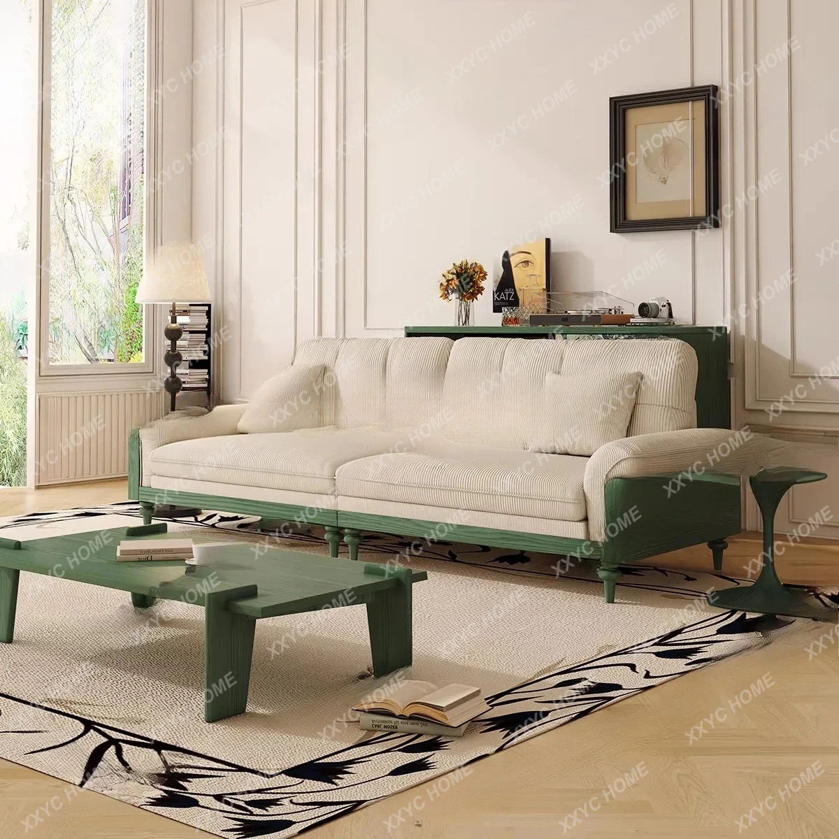 

retro solid wood sofa, medieval fabric sofa combination three-person small apartment cloud