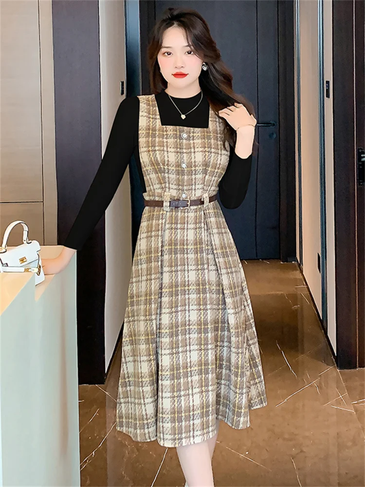 Autumn Winter New Long Sleeves Knitted Pullover Tops + Tweed Blend Plaid Short Dress 2 Piece sets Women Outfits With Belt