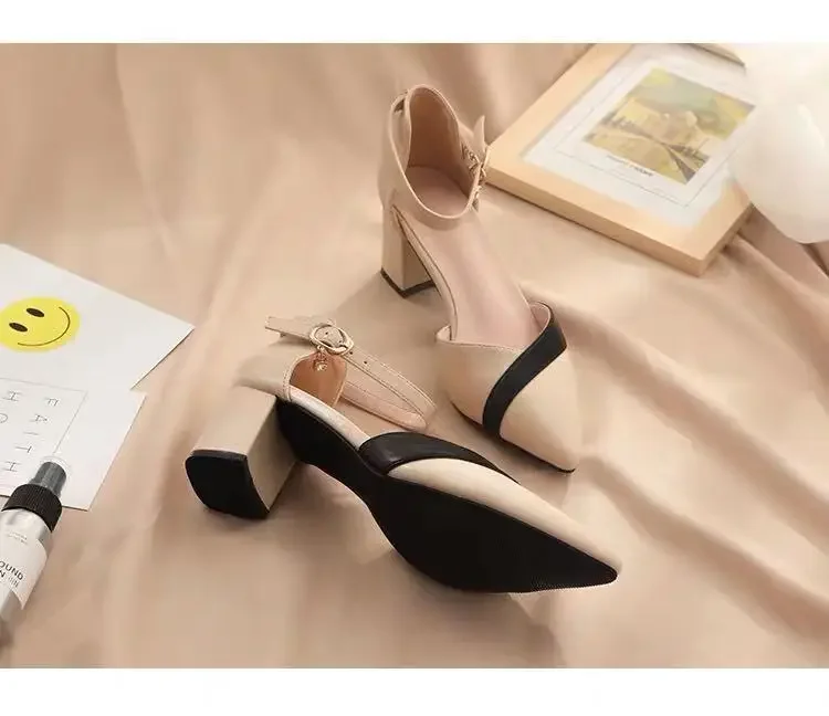 Klassische Damen-Pumps mit Beigefarbenem Quadratischem Absatz und Spitzer Form für Partys, Frühling und Sommer, Schwarze Schnalle, PU-Leder, Professionelle Schuhe – Detail 8