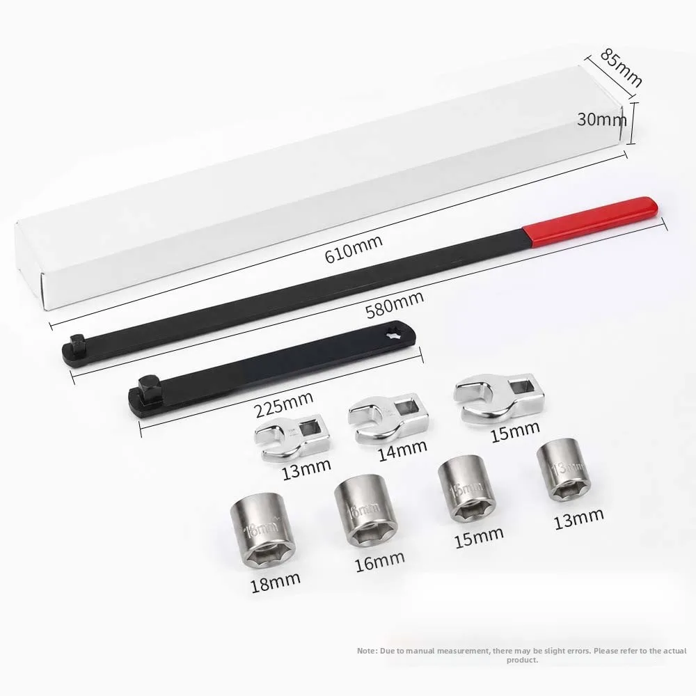 Folding Link Wrench Set for Automotive Belt Pulley Includes 4 Socket Sizes 13mm 15mm 16mm 18mm and 3 Open End Types