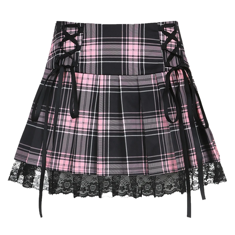 Y2K Pleated Skirts Women Lace Up Goth Plaid Mini Skirt Female Punk Style Ladies Summer Streetwear Black Sexy Lace Harajuku Skirt