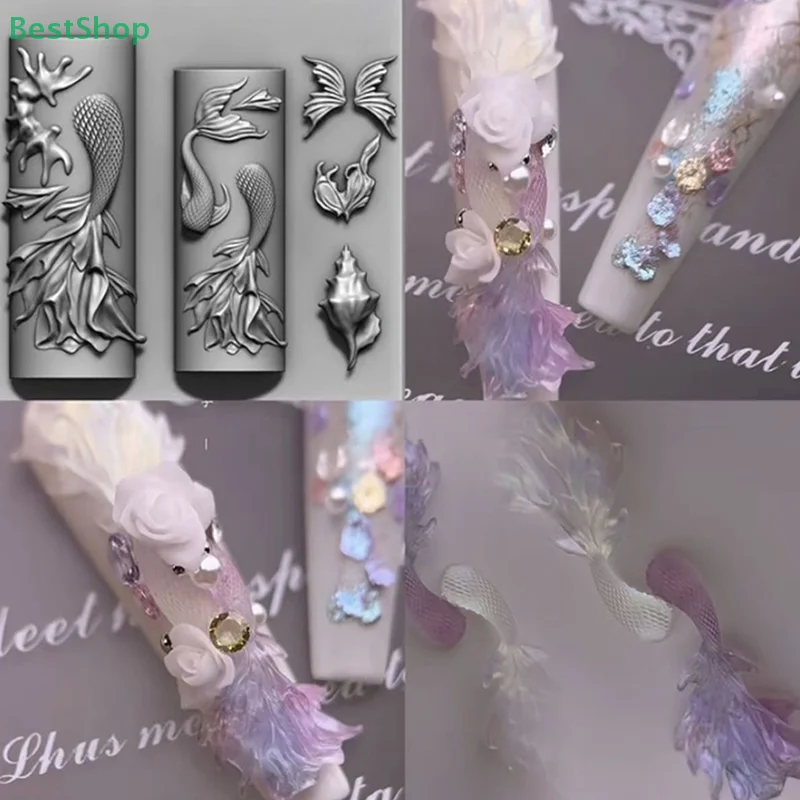♥ ♥ ♥ Formy silikonowe 3D do zdobienia paznokci o tematyce oceanicznej (meduzy, muszle, rybi ogon), przezroczyste szablony do manicure DIY.