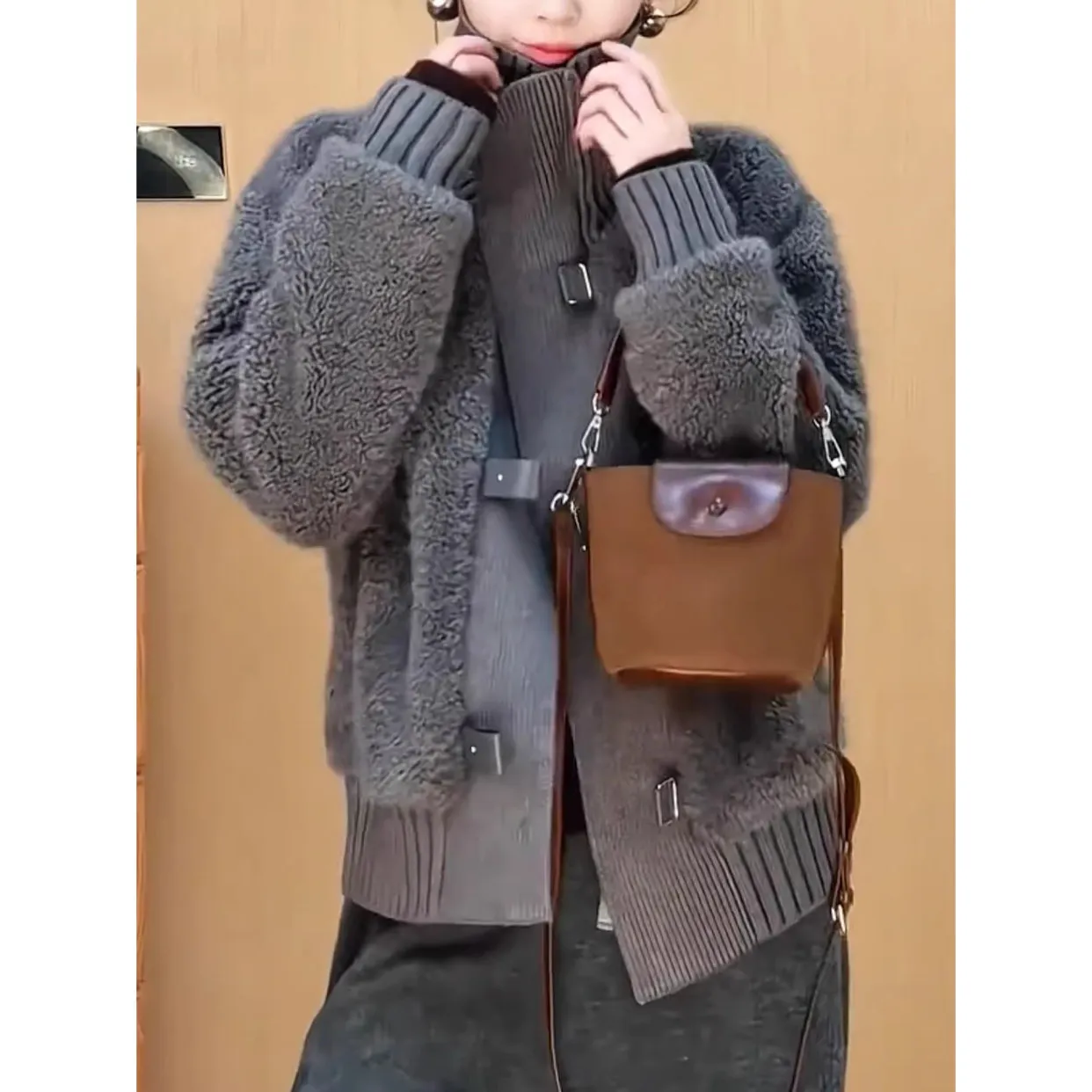 Women's Grey Faux Shearling Jacket 2026 New Knit Collar Buckle Detail Loose Fit Winter Teddy Coat Chic Commute Outerwear Lady view 5