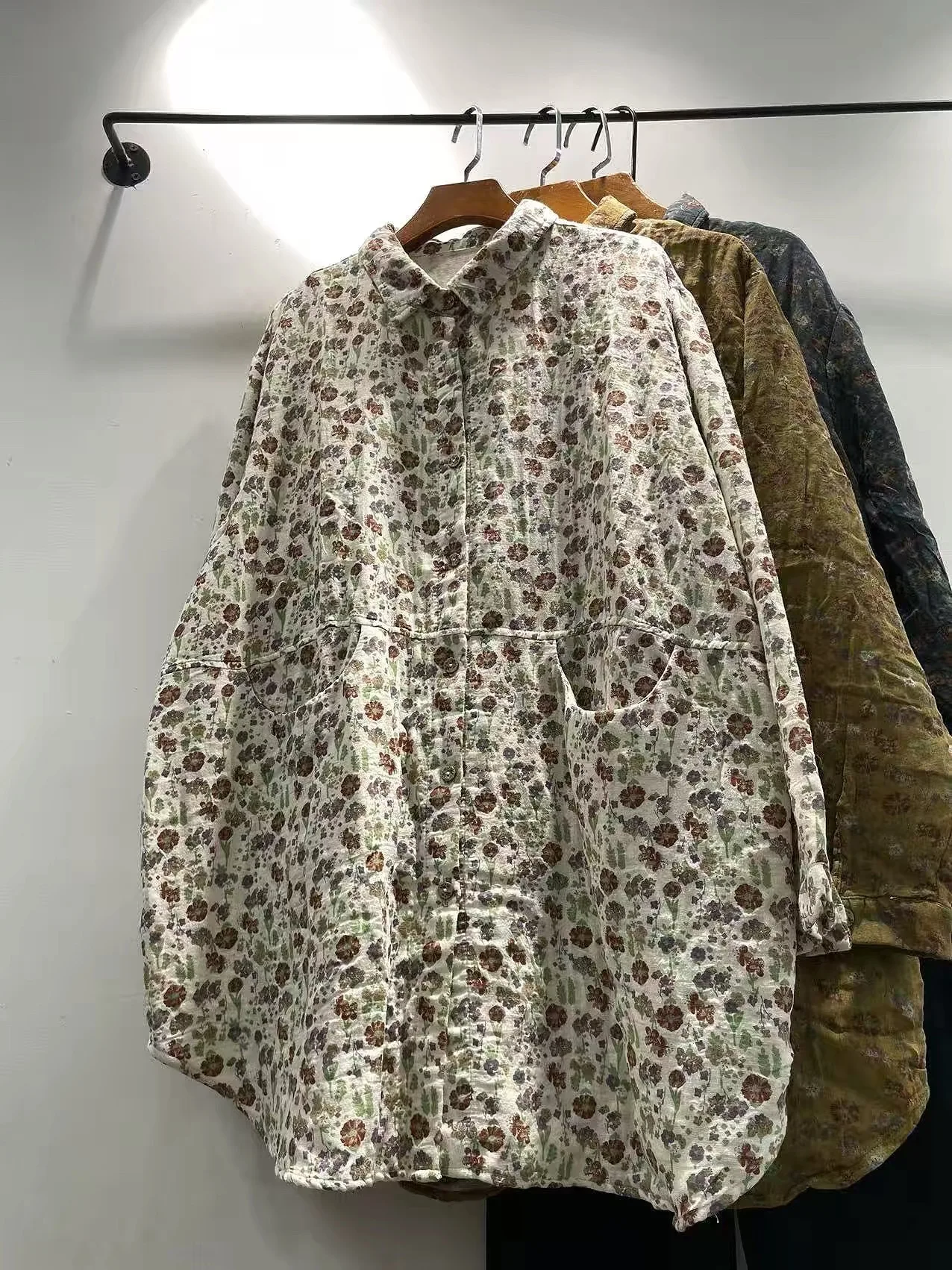 Women's Autumn 100% Cotton Yarn Long Sleeve Shirt Japanese Style Vintage Floral Print Mid-length Loose Oversized Blouse