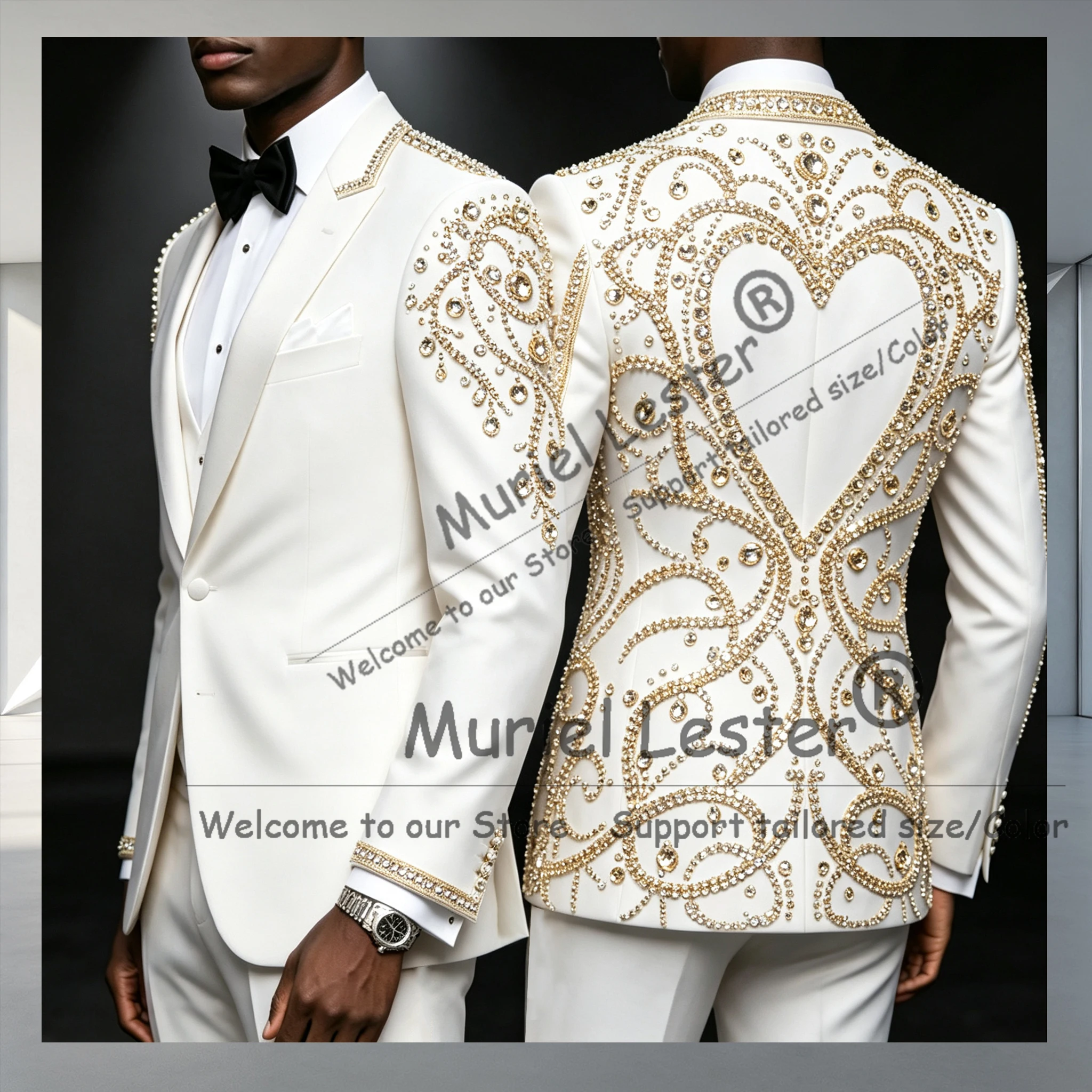 Unique Men'S Formal Wear - 3 Piece Sets Gold Diamond Beaded