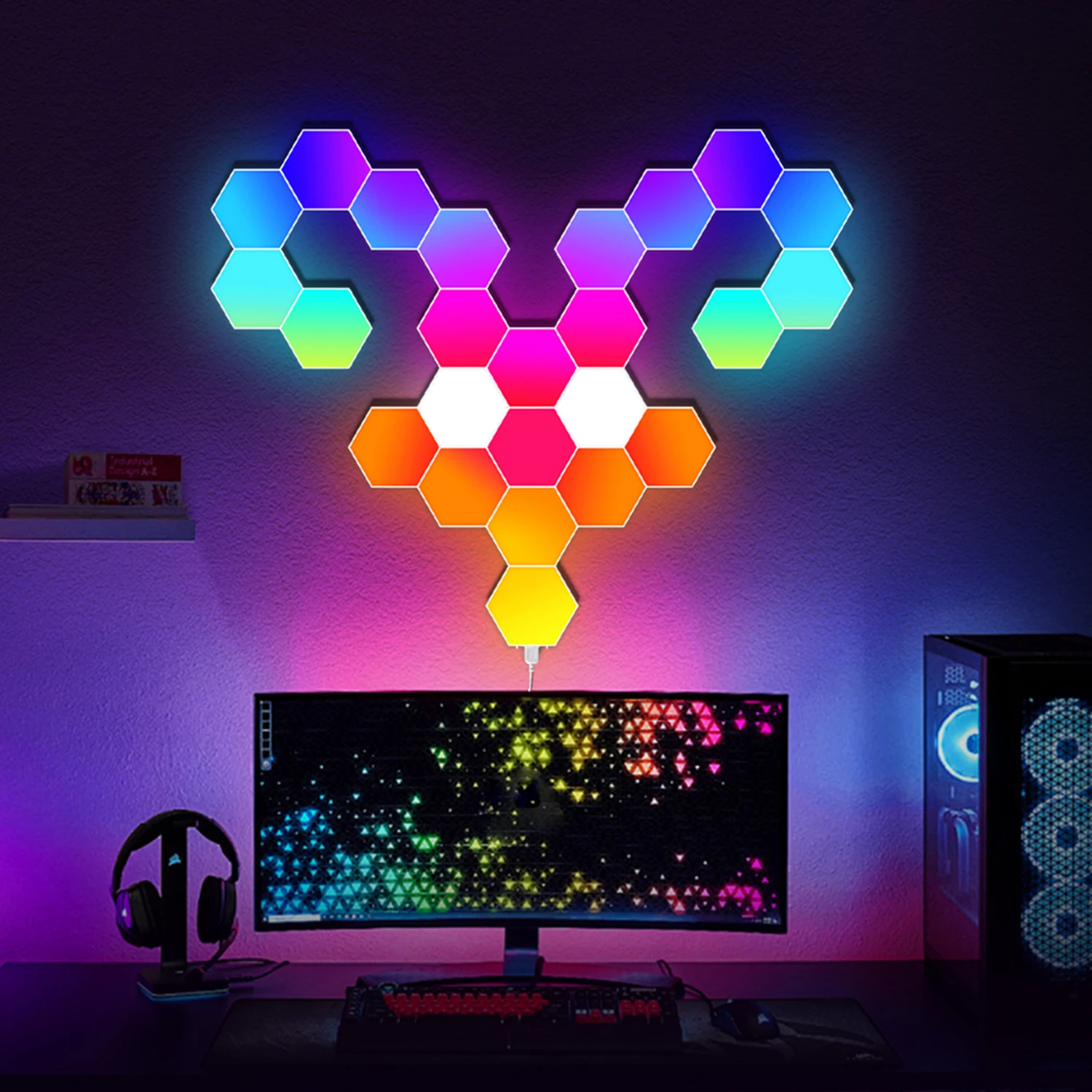 Smarte LED-Hexagon-Leuchten RGB Nachtlicht mit App- & Fernbedienung, Musiksynchronisation, USB-betrieben, DIY Geometrische Farbwechsel-Ambiente-Lampe, Perfekte Dekoration für Spielzimmer,