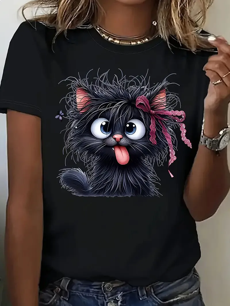 Funny Fried Cat Cartoon T-Shirt with Playful Bow Butterfly Print Women's Casual Short Sleeve Novelty Tee