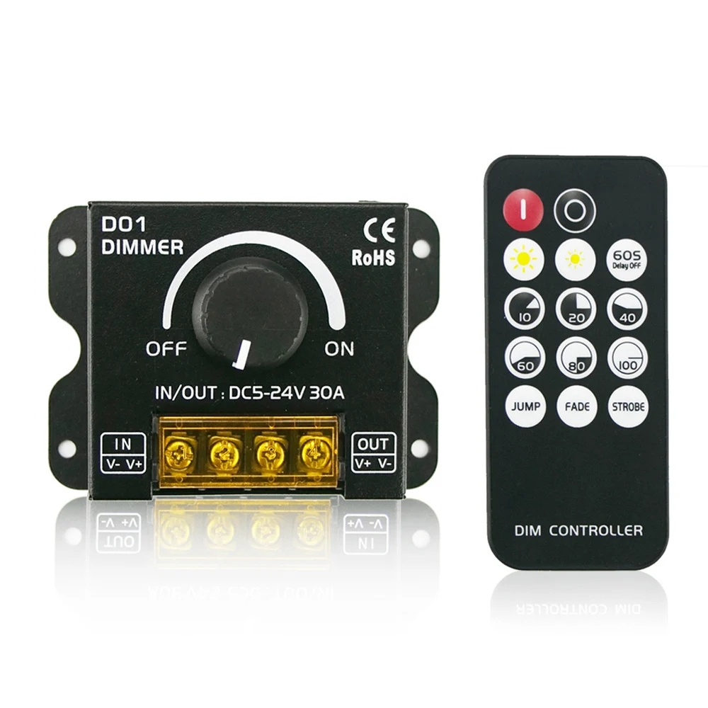 DC5V-24V CCT LED Dimmer Controller 30A 720W Adjustable Brightness Dimming LED Strip CCT Single Color Controller Stepless Dimmer