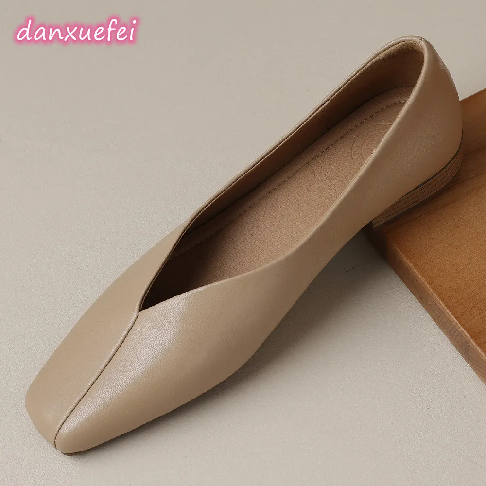 danxuefei big size 34-42 women\'s genuine leather square toe slip-on flats high quality soft comfortable casual female daily shoe