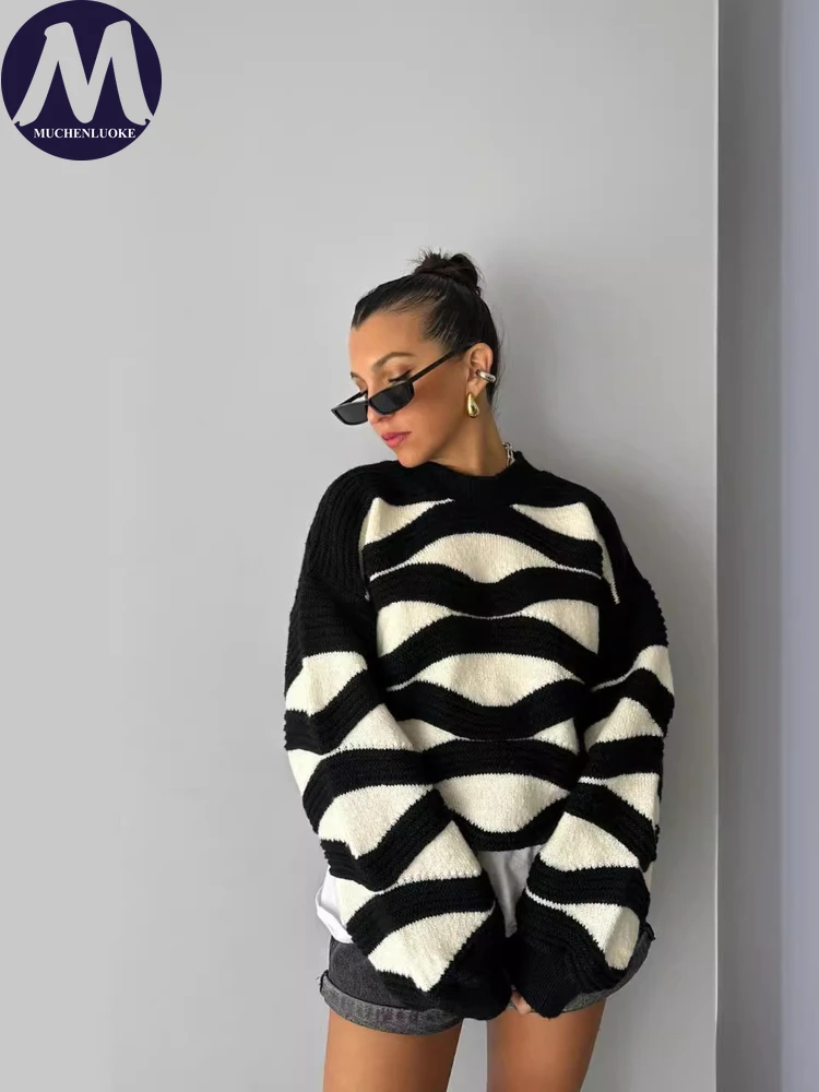 

Свитер для женщин, осень-зима, ленивый стиль, полосатый круглый вырез, вязаные универсальные свитера, модные повседневные свободные теплые пуловеры