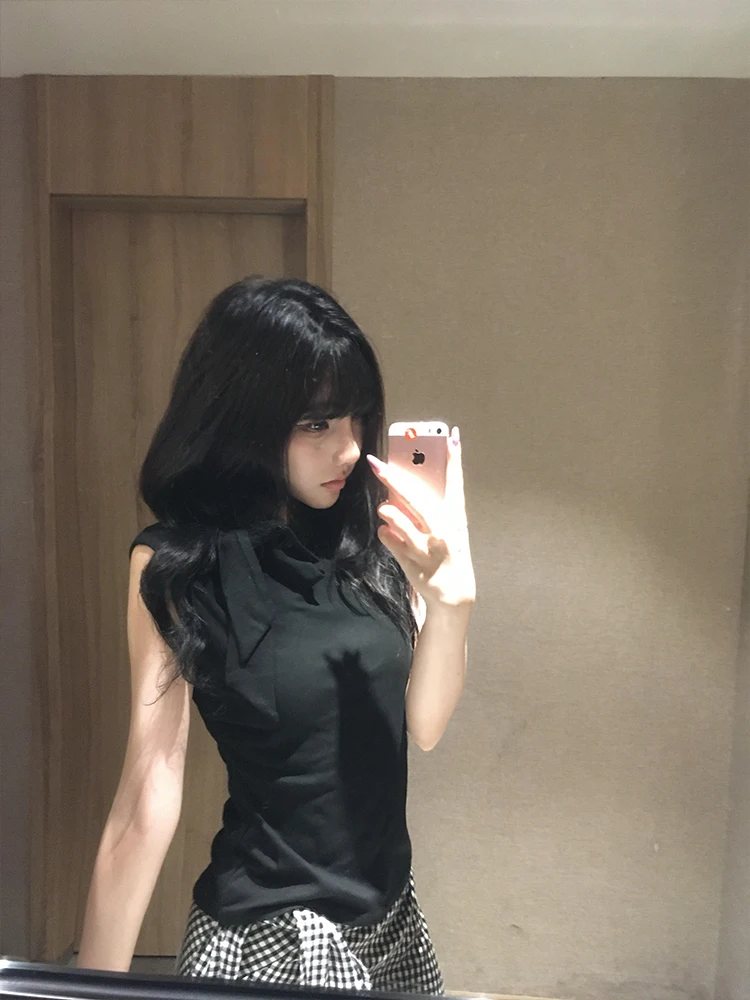 เสื้อกั๊กโบว์ไทผู้หญิงสำหรับฤดูร้อน สไตล์เซ็กซี่แบบอสมมาตร ผ้าฝ้ายผสม ทรงเข้ารูป ใส่ได้ทั้งด้านในและด้านนอก