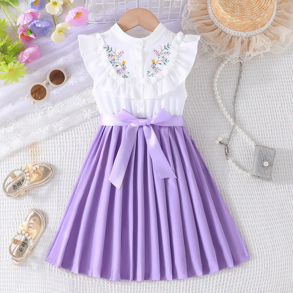 Dress For Kids 4-8 Years old Birthday Cute Ruffled Sleeve Floral Pleated Princess Dresses Ootd For Baby Girl