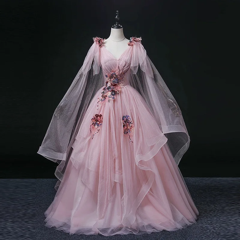 V-neck Long Three-dimensional Decal Student Vocal Art Exam Report Performance Dress Stage Fluffy Dress Slimming Dress Customized