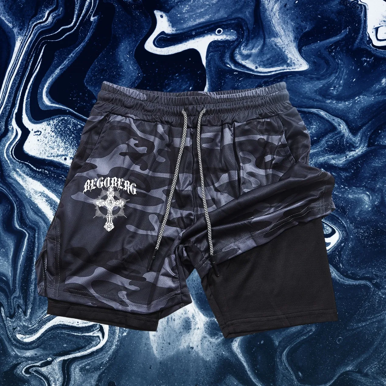 

Men's tight fitting sports shorts fashionable printed sports pants double-layer quick drying basketball muscle fitness