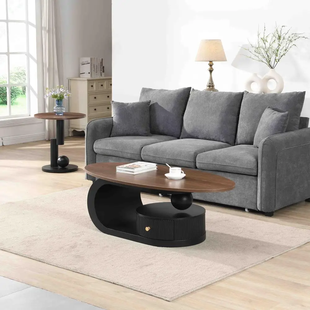 Luxury Nesting Coffee Table Set Oval Large 47in Small Round 19in Black Metal Frame NaturalWood MDFTopStorage Safe RoundedCorners