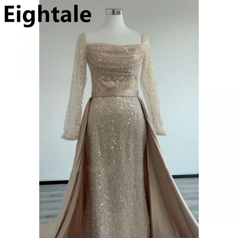 

Eightale 2025 Glitter Champagne Mermaid Evening Dress Removable Skirt Sequin Long Sleeve Prom Dress Dubai Formal Party Gown