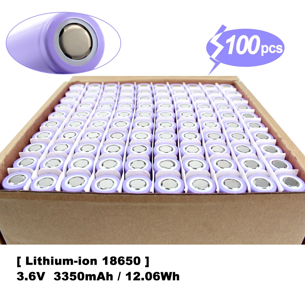 100PCS 18650 Rechargeable Battery 3.7V 3350mAh Flat Top Battery Large Capacity Batteries for Headlamp LED Flashlight Power Bank