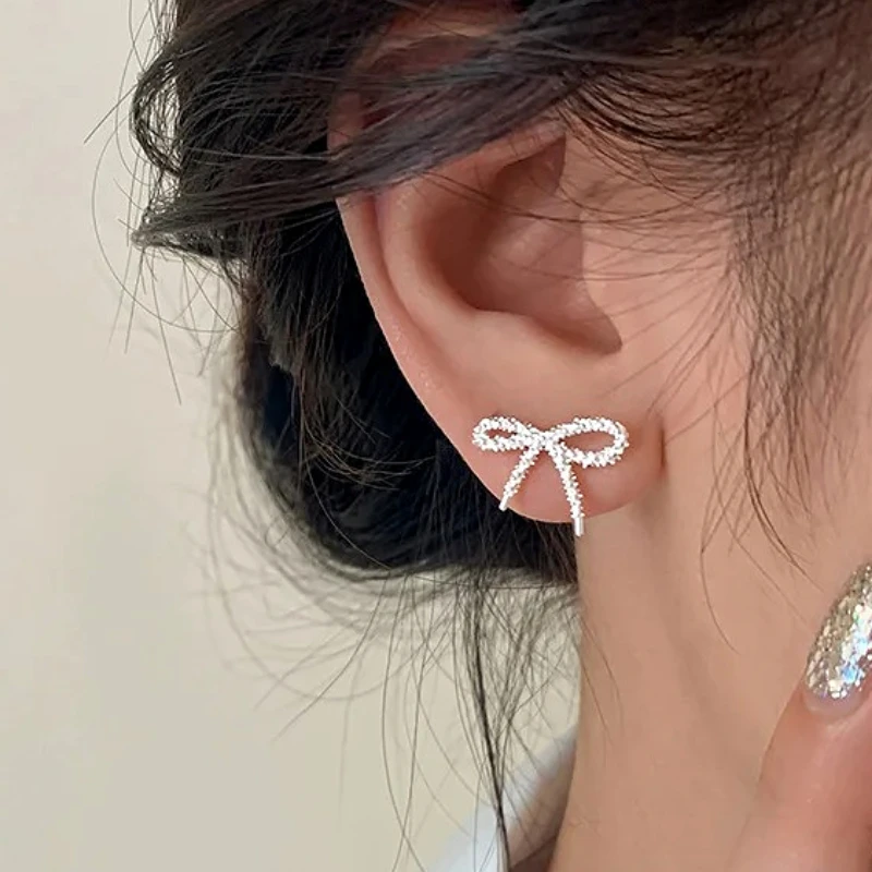 

MEETSOFT Tibetan Silver Charming Mini Shining Hollow Bowknot Stud Earrings for Women Minimalist Fashion Jewelry Cute Accessories