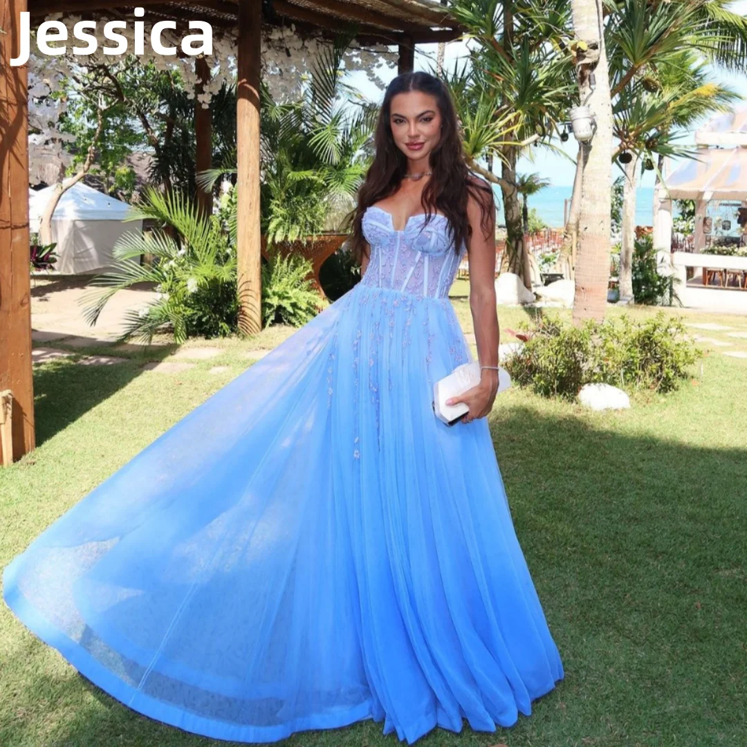 

Jessica Sky Blue Prom Dresses Tulle Appliqué Evening Dresses Strapless Corset Special Event Dress Wedding Party Dressese