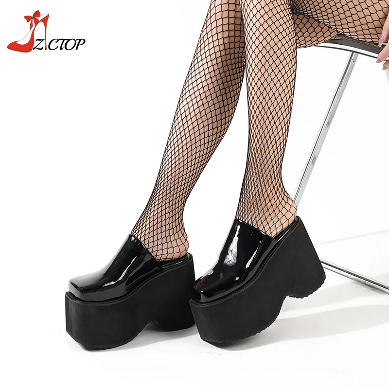 Black Platform Sandals Wedge High Heels Women Closed Toe Chunky Slippers Mules Outdoor Slip On Gothic Punk Shoes Big Size 41 42