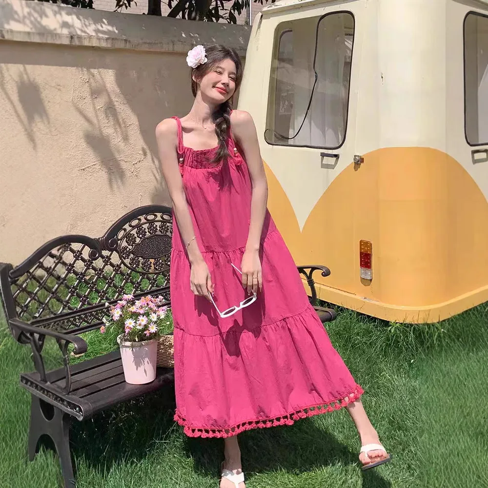 

Rose Pink Tassel Strap For Women, Mid-Length, 2024 Summer New Korean Version, Loose Sweet Vacation Style Dress