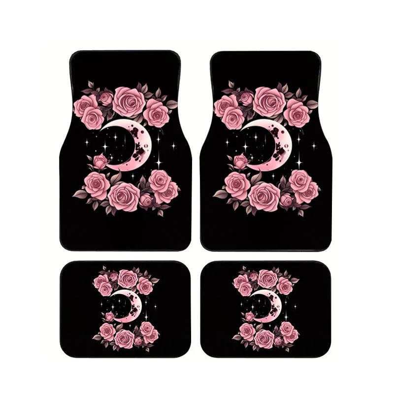 

4Pcs Pink Rose Moon Black Car Floor Mats Gothic Floral Style Anti-slip Waterproof Foot Liners Auto Interior Accessories Suit SUV