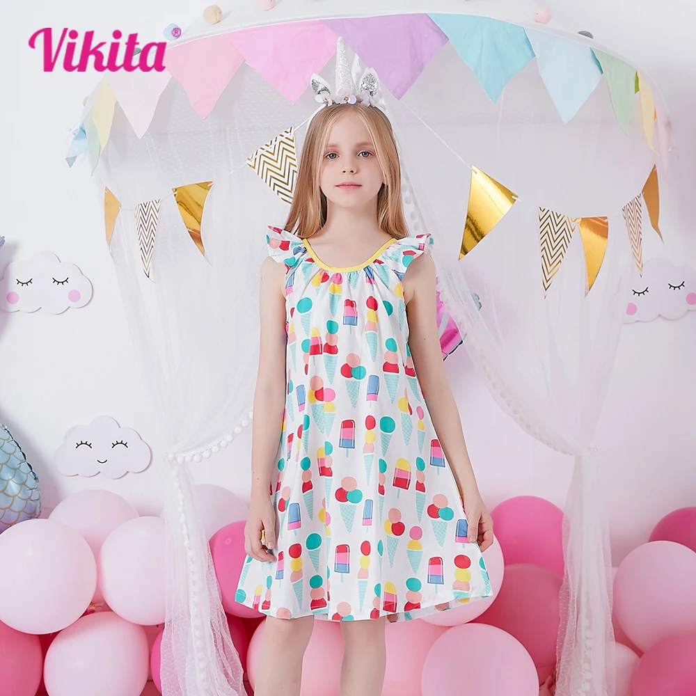 

VIKITA Girls Sling Suspenders Sleeveless Summer Dress Kids Ice Cream Cartoon Print Flare Sleeve Fashion Beach Vacation Dresses