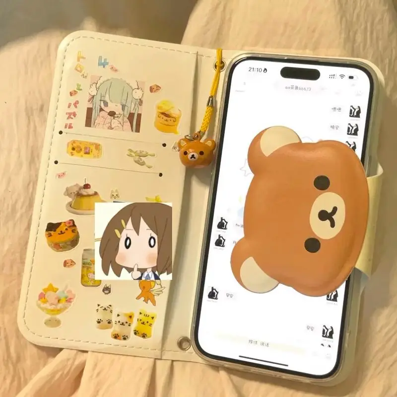 

Rilakkuma Cute Cartoon Flip Leather Card Holder Phone Case For Iphone 17 Promax 16 Promax 15 Pro 14 13 Shockproof Cover Women