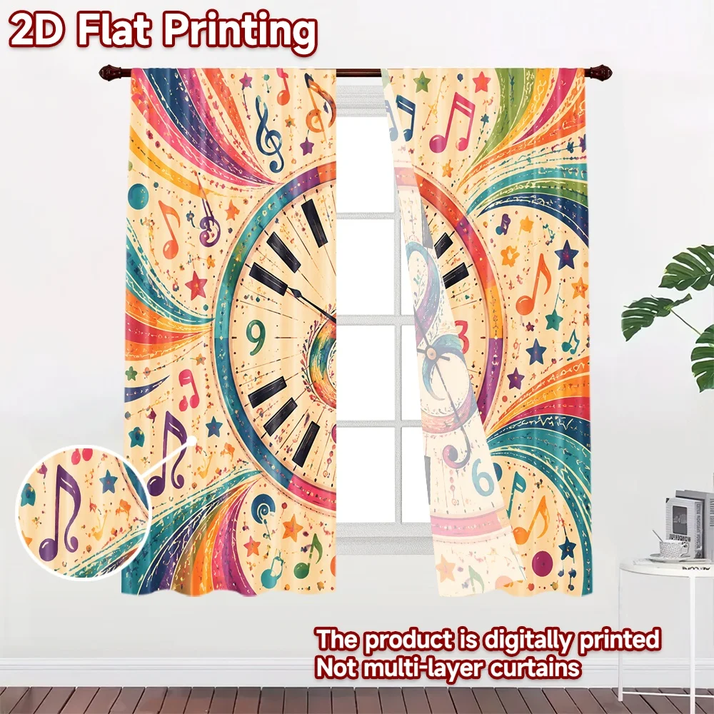 2D flat 2pcs Curtain Home Short Curtains Colorful Musical Clock Digitally printed polyester, colorfast Festive Wall Decor