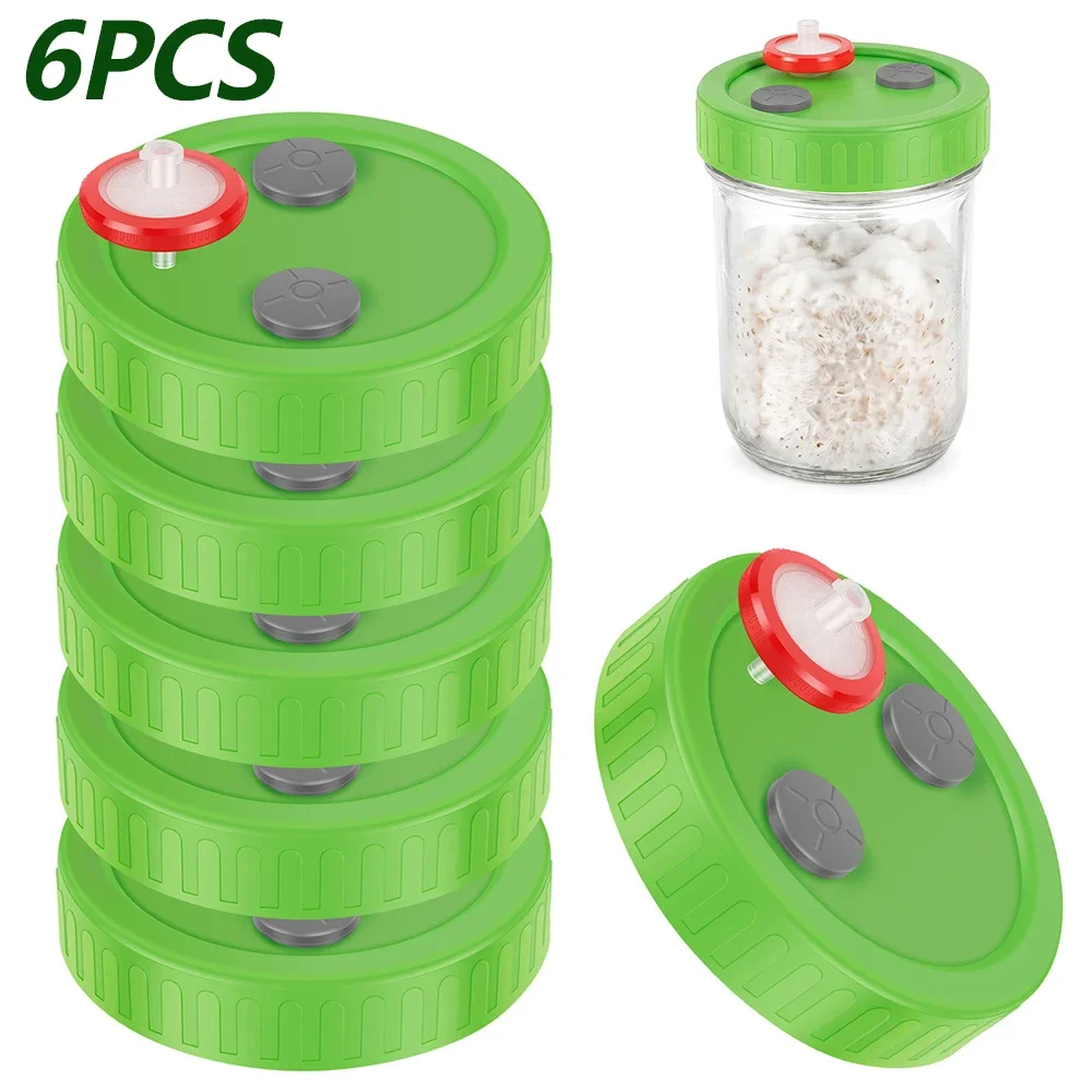 6Pcs Wide Mouth 86mm Mason Jar Plastic Mushroom Cultivation Lid with 0.22μm PTFE Filter and Rubber Stopper Liquid Culture Lids