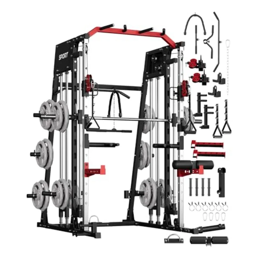 Smith Machine Home Gym All in One 2200 LBS Squat Rack Power Cage with Smith Bar LAT Pull-Down Cable Systems Leg Hold-Down Attac