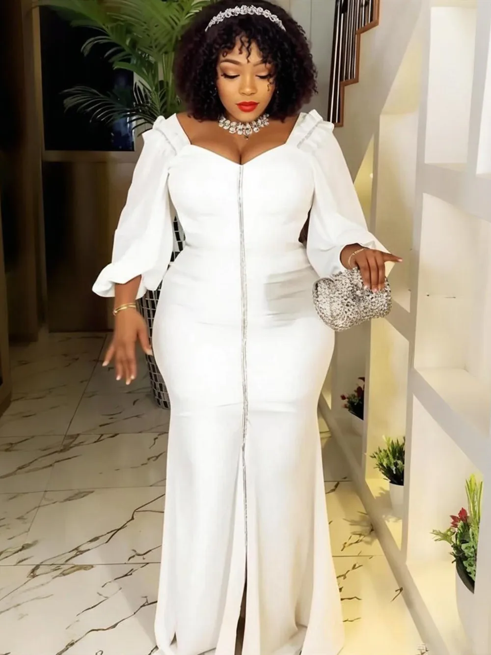 

Plus Size African Party Dresses for Women Lantern Sleeve Bodycon Slit Long Dress Elegant Turkey Muslim Wedding Evening Gown