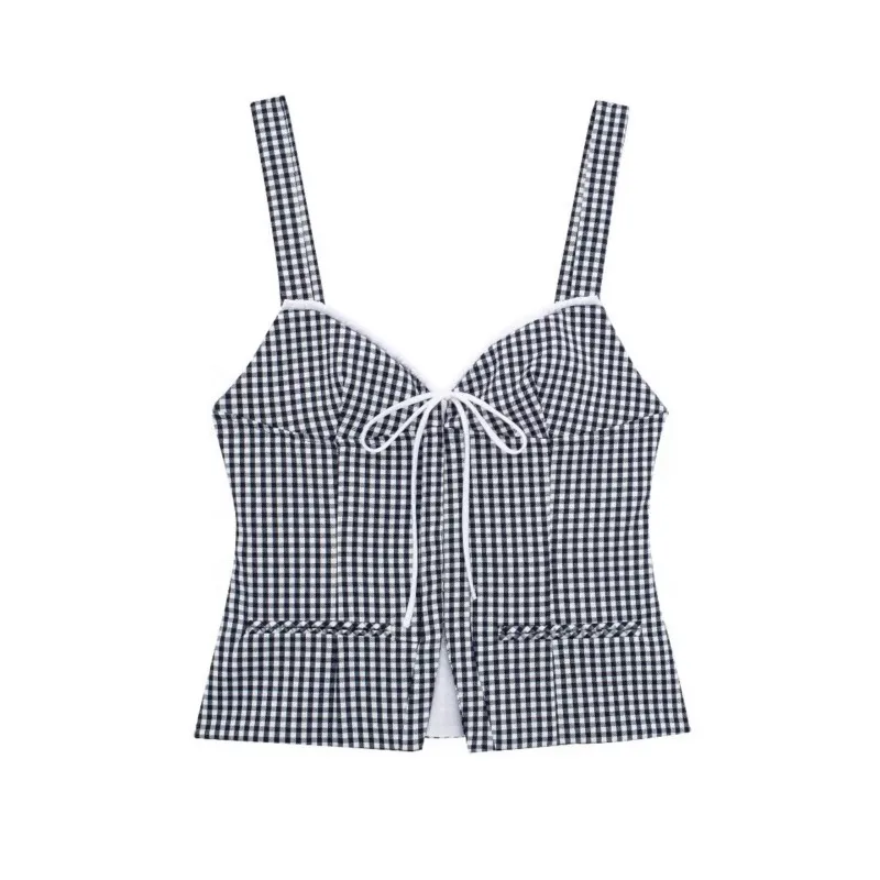 

Checkered tight fitting corset style Women Summer With Super Short Backless Sexy High Street England Style Tops